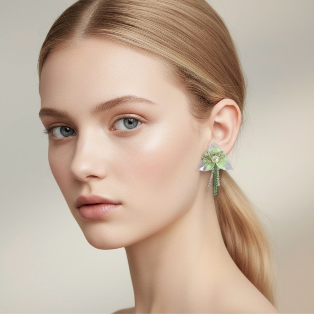 Floral Stud Earrings with Crystal Chain Pendant